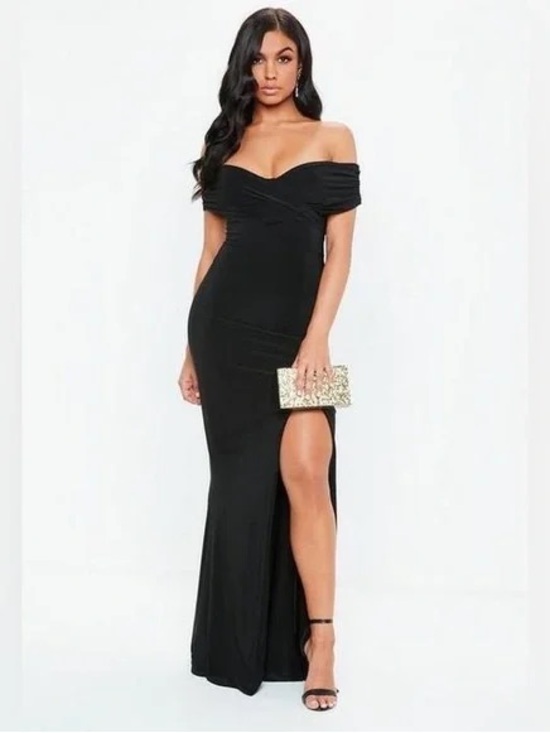 Missguided + Dresses & Skirts - Missguided Black Off-Shoulder Maxi Dress with High Side Slit